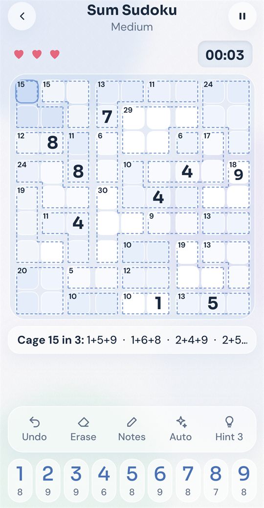 A Sum Sudoku (killer sudoku) puzzle with dashed cages